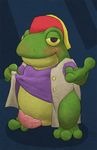  anthro barefoot blush bottomless clothed clothing coat digital_media_(artwork) erection exposure fez frog_merchant front_view half-dressed looking_at_viewer mabit male overweight penis precum reaching_towards_viewer shirt shirt_lift smile solo standing starbound video_games 