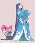  anthro anthrofied beard big_breasts breasts clothed clothing duo eyes_closed facial_hair female huge_breasts human humanized larger_female lipstick male mammal necklace nintendo pok&eacute;mon robe size_difference skitty smaller_male smile suspenders tingtongten video_games wailord 