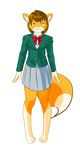  1girl artist_request barefoot brown_hair fox furry gold_eyes school_uniform short_hair simple_background solo yellow_eyes 