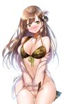  aile_(crossroads) bikini bikini_top blush bottomless breasts brown_hair camouflage camouflage_bikini cardigan cleavage covering covering_crotch folded_hair front-tie_top gakkou_gurashi! large_breasts long_hair long_sleeves looking_at_viewer mole mole_under_eye navel off_shoulder one_side_up open_cardigan open_clothes open_mouth print_bikini_top shirt signature solo swimsuit v_arms very_long_hair wakasa_yuuri yellow_eyes 