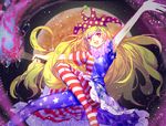  american_flag_dress american_flag_legwear blonde_hair clownpiece convenient_leg full_moon hat highres jester_cap long_hair moon pantyhose solo star torch touhou very_long_hair wei_li 