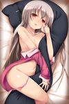  breasts cat_pillow dakimakura_(object) haribote highres long_hair lying navel no_pants off_shoulder on_side open_clothes open_shirt original panties panties_around_one_leg pillow pillow_hug red_eyes shirt silver_hair small_breasts solo tears underwear very_long_hair 
