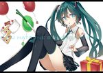  aqua_eyes bad_id bad_pixiv_id balloon cake character_name detached_sleeves food fruit gift green_hair hatsune_miku headset letterboxed long_hair necktie simple_background sitting skirt slice_of_cake solo spring_onion strawberry strawberry_shortcake thighhighs toake_mikage twintails very_long_hair vocaloid white_background 