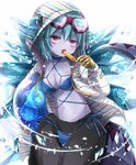  ball beachball bikini blue_hair blue_wings breasts emia_(castilla) food goggles hellice_frost_demon_(p&amp;d) hood hoodie ice ice_wings looking_at_viewer popsicle purple_skirt puzzle_&amp;_dragons red_eyes short_hair skirt small_breasts solo swimsuit wings 