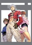  1girl 2boys abs ass border brown_hair character_name chris hair_over_eyes highres homare_(fool&#039;s_art) homare_(fool's_art) king_of_fighters legs microskirt multiple_boys nanakase_yashiro ponytail shermie side_slit skirt snk striped_background suspenders thighs white_hair 