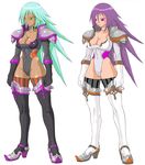  2girls blue_hair breasts character_request character_sheet collar dark_skin female green_hair large_breasts legs leotard long_hair multiple_girls red_eyes simple_background solo 