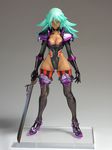  breasts character_request collar dark_skin female figure gradient gradient_background green_hair legs leotard long_hair photo serious solo sword weapon 