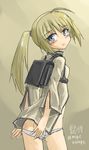  ass backpack bag blonde_hair blue_eyes charlotte_lueder higezamurai_(kurage_gunsou) long_hair military military_uniform panties ponytail solo underwear uniform world_witches_series 