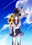  1girl back-to-back black_hair cloud day flower highres long_hair musco original school_uniform serafuku short_hair sky sunflower 