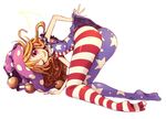 all_fours american_flag american_flag_dress american_flag_legwear ass blonde_hair clownpiece fang flag full_body hat jester_cap kuresento long_hair looking_at_viewer one_eye_closed open_mouth pantyhose pink_eyes print_legwear revision simple_background sleeveless smile solo star striped striped_legwear touhou white_background 