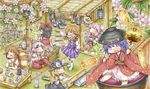  6+girls ;d absurdres animal_ears bishamonten's_pagoda black_hair blonde_hair bottle bow bowl bowl_hat brown_eyes brown_hair bun_cover chopsticks closed_eyes coin dress flatwoods_monster flower fujiwara_no_mokou futatsuiwa_mamizou glasses gourd hair_bow hakurei_reimu hand_on_hip hat hat_removed headwear_removed highres holding holding_hat ibaraki_kasen japanese_clothes kirisame_marisa kneehighs laevatein lantern miracle_mallet multiple_girls one_eye_closed open_mouth paper_lantern pink_eyes pink_hair plaid plaid_dress purple_eyes purple_hair raccoon_ears raccoon_tail red_eyes robot shanghai_doll sitting smile star star-shaped_pupils sukuna_shinmyoumaru suspenders symbol-shaped_pupils tabard table tail tatami touhou tree usami_sumireko white_hair white_legwear witch_hat yellow_eyes yin_yang ys_(ytoskyoku-57) 