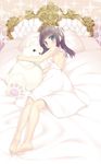  absurdres back barefoot bed brown_hair feet green_eyes hair_ribbon highres hiro_(kawa-hiro) hug legs long_hair lying on_side pillow real_life ribbon soles solo stuffed_animal stuffed_toy tamura_yukari teddy_bear toes twintails 