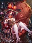  1girl belt book bubble candle chair female hat kiyomasa_ren long_hair mary_janes original pointy_ears purple_eyes purple_hair ribbon solo thighhighs white_legwear witch witch_hat 
