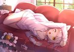  animal_ears arm_up bare_legs barefoot bell bottomless byakuya_reki cat_ears collarbone couch doll indoors long_hair long_sleeves lying naked_shirt on_couch on_side one_eye_closed original revision shirt silver_hair solo very_long_hair window yawning yellow_eyes 