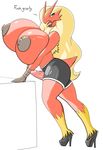  anthro avian big_breasts big_nipples blaziken blue_eyes breasts clothed clothing dickgirl erect_nipples erection half-dressed high_heels huge_breasts intersex mcnasty nintendo nipples non-mammal_breasts penis pok&eacute;mon red_skin shorts solo tongue tongue_out topless video_games yellow_sclera 
