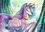  2015 adlynh crown cutie_mark equine eyes_closed female friendship_is_magic gold_(metal) horn lake mammal my_little_pony necklace outside princess_celestia_(mlp) solo tree water waterfall winged_unicorn wings 