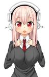  blush breasts headphones highres large_breasts long_hair looking_at_viewer necktie nitroplus open_mouth pink_hair red_eyes rinyan_suzu smile solo super_sonico 