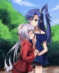  ahoge bare_shoulders blue_eyes blue_hair bow closed_eyes hair_ornament hand_on_another's_head holding_hands kazanari_tsubasa long_hair long_sleeves miniskirt multiple_girls one_side_up rate_rapiku scrunchie senki_zesshou_symphogear short_sleeves silver_hair skirt smile tree twintails yukine_chris yuri 