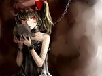  alternate_costume bare_arms bare_shoulders blonde_hair camisole chain choker cuffs eyelashes flandre_scarlet goocn gradient gradient_background hat hat_ribbon licking looking_at_viewer mob_cap red_eyes ribbon shackles short_hair side_ponytail skull solo touhou 