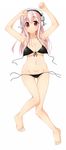  absurdres armpits barefoot bikini blush breasts cleavage commentary_request headphones highres large_breasts long_hair looking_at_viewer lying navel nitroplus pink_hair red_eyes rinyan_suzu side-tie_bikini solo super_sonico swimsuit untied untied_bikini 