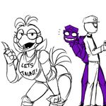  2015 animatronic avian bent_over bird chicken clothing female five_nights_at_freddy&#039;s five_nights_at_freddy&#039;s_2 group human jeremy_fitzgerald_(fnaf) looking_at_viewer machine mammal phone_guy_(fnaf) purple_man_(fnaf) rebornica robot smile toy_chica_(fnaf) video_games yellow_skin 