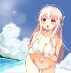  belly bikini blush breasts cleavage commentary_request curvy derivative_work front-tie_top headphones large_breasts lens_flare long_hair looking_at_viewer nauribon navel nitroplus open_mouth pink_hair red_eyes sketch solo super_sonico swimsuit untied untied_bikini 