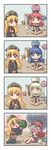  2girls 4koma :q baise_fenbi_xian barefoot black_dress black_shirt blonde_hair blue_eyes blue_hair blush blush_stickers chinese_clothes clothes_writing collar comic dress earth_(ornament) emphasis_lines expressionless fang floating food fruit gameplay_mechanics hat hecatia_lapislazuli highres idea indian_style junko_(touhou) levitation long_hair long_sleeves looking_at_another moon_(ornament) multicolored multicolored_clothes multicolored_skirt multiple_girls no_mouth off-shoulder_shirt open_mouth polos_crown red_eyes red_hair ribbon scared shaded_face shirt short_sleeves silent_comic sitting skirt smile sparkle sparkling_eyes tabard thinking tongue tongue_out touhou very_long_hair watermelon wide_sleeves yellow_eyes 