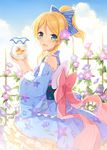  6u_(eternal_land) ayase_eli blonde_hair blue_eyes blue_sky bow cloud day detached_sleeves earrings fish fishbowl floral_print flower goldfish hair_bow hair_flower hair_ornament japanese_clothes jewelry kimono long_sleeves looking_at_viewer love_live! love_live!_school_idol_project obi open_mouth ponytail sash sky smile solo wide_sleeves 