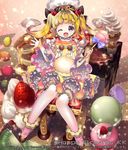  ;d blonde_hair candy chair company_name food fruit goroo lollipop long_hair looking_at_viewer macaron majoca_majoluna official_art one_eye_closed open_mouth pancake sitting smile solo strawberry thighhighs twintails 