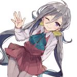  grey_eyes grey_hair kantai_collection kiyoshimo_(kantai_collection) komachi_narota long_hair one_eye_closed pantyhose school_uniform smile solo twintails waving 