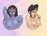  areolae armpits big_breasts breasts cedargrove female gradient gradient_background kali kali_(smite) large_breasts looking_at_viewer multiple_girls nipples nude serqet serqet_(smite) smite tongue 