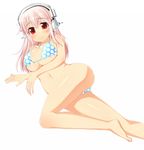  bikini blush breasts cleavage commentary_request headphones highres large_breasts long_hair looking_at_viewer navel nitroplus pink_hair polka_dot polka_dot_bikini polka_dot_swimsuit red_eyes rinyan_suzu smile solo super_sonico swimsuit 