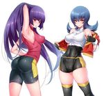  2girls akira_(natsumemo) dual_persona gym_leader multiple_girls natsume_(pokemon) pokemon purple_hair simple_background 