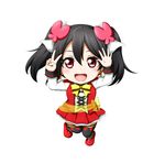  :d bangs black_hair bow bowtie butterfly_hair_ornament chibi cross-laced_clothes earrings hair_between_eyes hair_ornament heart heart_print jewelry kuena looking_at_viewer love_live! love_live!_school_idol_project open_mouth red_eyes red_footwear shoes simple_background skirt smile solo sunny_day_song thighhighs twintails v white_background yazawa_nico yellow_bow yellow_neckwear 