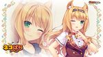  ;3 animal_ears bell blonde_hair blush bow bowtie cat_ears cat_tail copyright_name floral_background green_eyes hand_on_own_chin headdress highres jingle_bell long_hair looking_at_viewer maple_(sayori) nekopara one_eye_closed open_mouth sayori slit_pupils solo tail wallpaper zoom_layer 