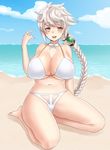  alternate_costume arm_at_side asymmetrical_hair bare_shoulders barefoot beach bikini braid breasts day huge_breasts jitome kantai_collection keita_(tundereyuina) long_hair looking_at_viewer navel open_mouth silver_hair single_braid sitting solo stomach swimsuit underboob unryuu_(kantai_collection) very_long_hair wariza white_bikini yellow_eyes 