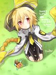  bad_id bad_pixiv_id blazblue blonde_hair blush bodysuit bridal_gauntlets cape creature from_above lambda-11 long_hair looking_at_viewer nyoro_po red_eyes seiza sitting solo tartar translation_request 