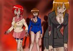  bite_marks blood breasts brown_hair cleavage empty_eyes gradient gradient_background large_breasts monster_girl multiple_girls open_mouth red_hair sailor_uniform school_uniform serafuku source_request stain torn_clothes walking zombie 
