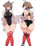  all_fours ass backless_outfit bare_shoulders blush brown_hair competition_swimsuit dakimakura from_behind gloves green_eyes hairband harukon_(halcon) headgear ishikawa_kuma_yarou kantai_collection lying multiple_views mutsu_(kantai_collection) on_back on_stomach one-piece_swimsuit red_legwear sample shiny shiny_clothes short_hair smile swimsuit thighhighs white_gloves 