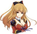  bangs black_bow blonde_hair bow breasts cleavage collarbone empty_eyes granblue_fantasy hair_bow large_breasts long_hair negiko no_nose ponytail red_eyes shoulder_pads simple_background smile solo upper_body vira_lilie white_background 