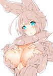  ahoge areola_slip areolae blue_eyes blush breasts collar elphelt_valentine fingerless_gloves gloves guilty_gear guilty_gear_xrd hairband hands_on_own_chest inayama large_breasts midriff short_hair simple_background solo spiked_collar spikes spoilers unfinished upper_body white_background 