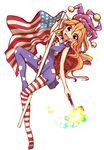  american_flag american_flag_dress american_flag_legwear blonde_hair clownpiece fang flag full_body hat jester_cap kuresento long_hair looking_at_viewer open_mouth pantyhose print_legwear red_eyes revision simple_background sleeveless smile solo star striped touhou white_background 