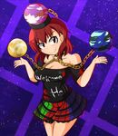  &gt;:) breasts chain choker cleavage clothes_writing cocked_eyebrow commentary earth_(ornament) hat head_tilt heart hecatia_lapislazuli large_breasts looking_at_viewer manorea moon_(ornament) multicolored multicolored_clothes multicolored_skirt off-shoulder_shirt polos_crown red_eyes red_hair shirt short_hair skirt smile solo touhou v-shaped_eyebrows 