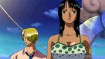  1boy 1girl animated animated_gif armlet bare_shoulders black_hair blonde_hair blue_eyes bouncing_breasts breasts cigarette cleavage cloud going_merry hair_over_one_eye jewelry long_hair nico_robin one_piece sanji screencap ship tank_top upper_body 