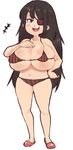  1girl alternate_breast_size bikini black_hair breasts brown_eyes eyepatch fang huge_breasts inkerton-kun looking_at_viewer mirai_(senran_kagura) senran_kagura simple_background solo swimsuit 