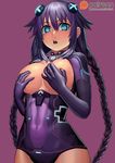  :o bangs blue_eyes braid breasts breasts_outside covered_navel covering covering_breasts cowboy_shot emblem flipped_hair gloves hair_between_eyes hair_ornament hips large_breasts lasterk leotard logo long_hair magical_girl neon_trim neptune_(series) open_clothes open_mouth patreon_logo patreon_username power_symbol purple_background purple_hair purple_heart purple_leotard sidelocks simple_background solo surprised symbol-shaped_pupils turtleneck twin_braids very_long_hair watermark web_address 