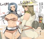  armor ass blue_hair breasts brown_hair carriage character_request cleavage closed_eyes directional_arrow hat large_breasts long_hair looking_at_viewer multiple_girls name_john smile translation_request witch_hat 