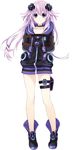  adult_neptune bdsm bondage boots bound collar collarbone d-pad d-pad_hair_ornament full_body hair_ornament highres hood hooded_track_jacket jacket long_hair looking_at_viewer neptune_(choujigen_game_neptune) neptune_(series) official_art purple_eyes purple_hair shin_jigen_game_neptune_vii simple_background smile solo thigh_strap third-party_edit track_jacket tsunako white_background 