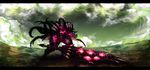  cloud commentary_request full_armor gore_magala_(armor) highres letterboxed masayoshi monster_hunter monster_hunter_4 no_humans solo sword weapon 
