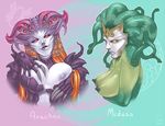  arachne arachne_(smite) areolae big_breasts breasts cedargrove female gradient gradient_background large_breasts looking_at_viewer medusa medusa_(smite) monster_girl multiple_girls nipples nude smite spider_girl 